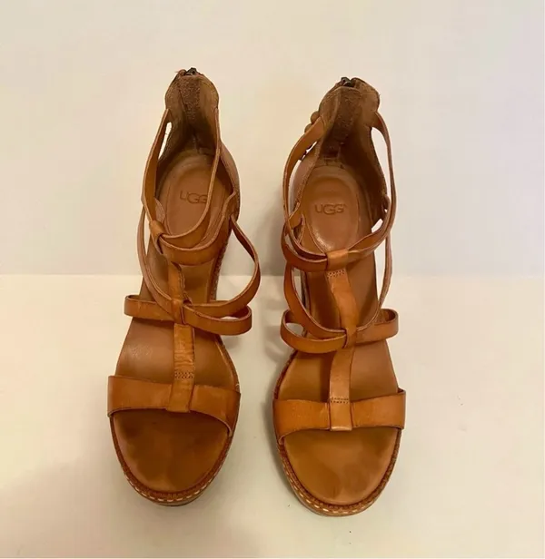 Ugg Tan Leather Woven Stack Heels Sandals  - Image 9