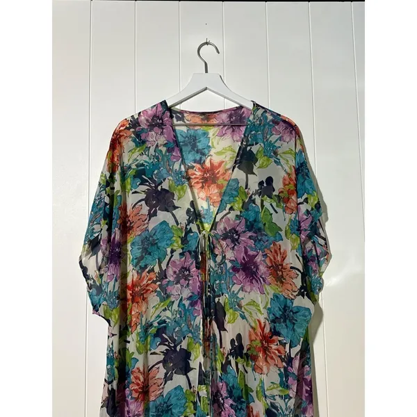 Floral Kimono Cover-Up With Fringe Hem & Tie Closure Multiple Colors M/L - Image 2