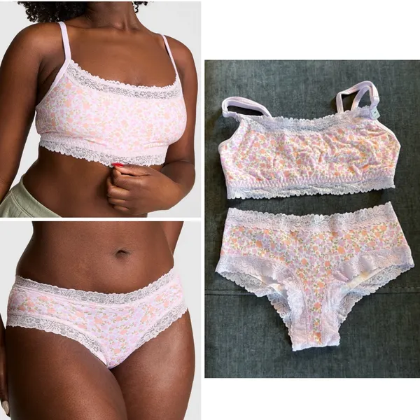 💐VS PINK Cotton Lace Trim Bralette & Cotton Cheeky Panty Petite Lilac Floral M - Image 2