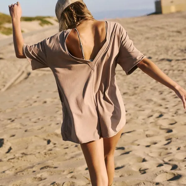 NEW Free People FP Movement Mocha Latte Hot Shot Tee Oversized Cotton Romper XS - Image 2