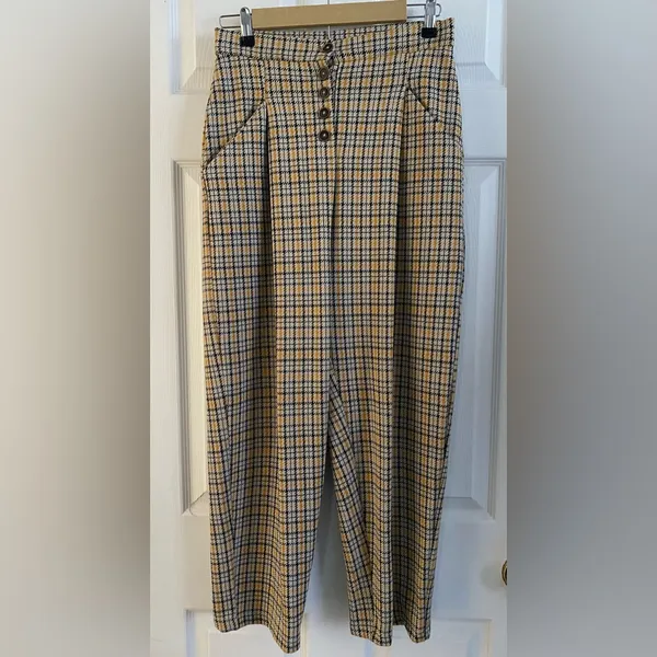 Free People Posey Plaid High Waisted Pleated Carrot Trousers Pants Yellow - Image 4