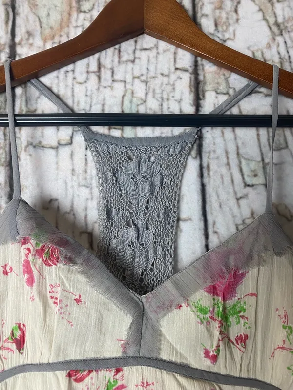 Vtg Free People Floral Tiered Boho Cottagecore crochet Cami Pink & Green 8 - Image 6