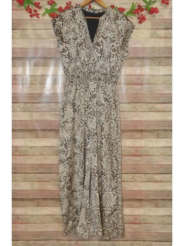 MSK Jumpsuit Womens L Black Beige Paisley Wide Leg Smocked Waist Boho - Image 2