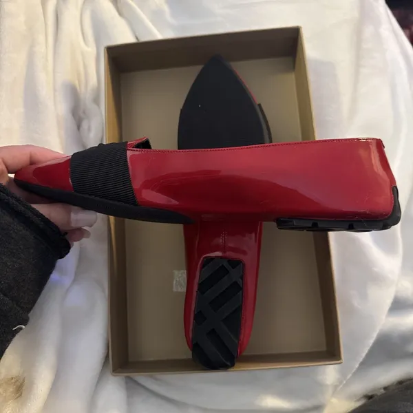 Burberry Red Patent Loafers Grosgrain Bow Flat Shoes SIZE 40- Box, Info &Dustbag - Image 5
