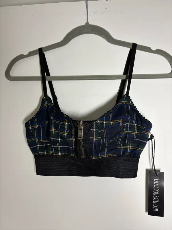 Current Mood Dolls Kill Navy Green Plaid Zip-Front Bralette top - Image 5