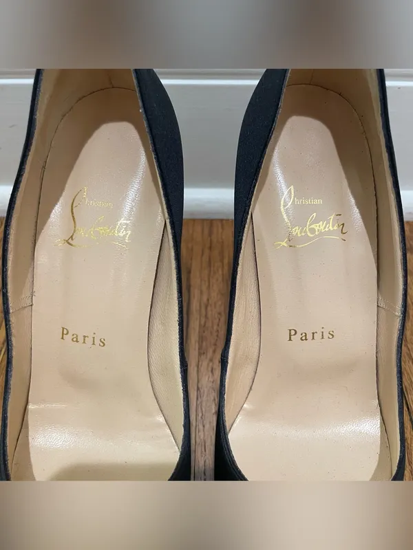 Christian Louboutin Very Prive Black Satin Peep Toe Platform Heels Women 37.5 - Image 4