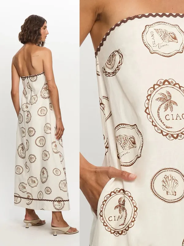 Kivari • Anthropologie Ciao Strapless Maxi Dress white linen print rickrack - Image 5