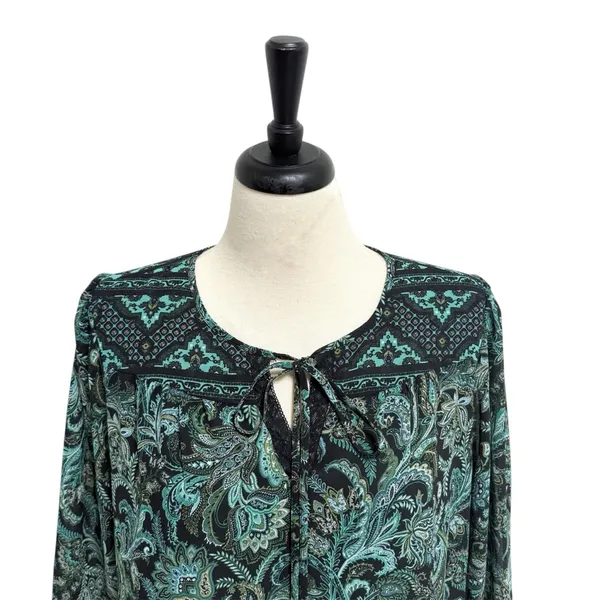 Kim Gravel Belle Black Green Paisley Sheer Sleeve Overlay Split V Neck Tie Top M - Image 2