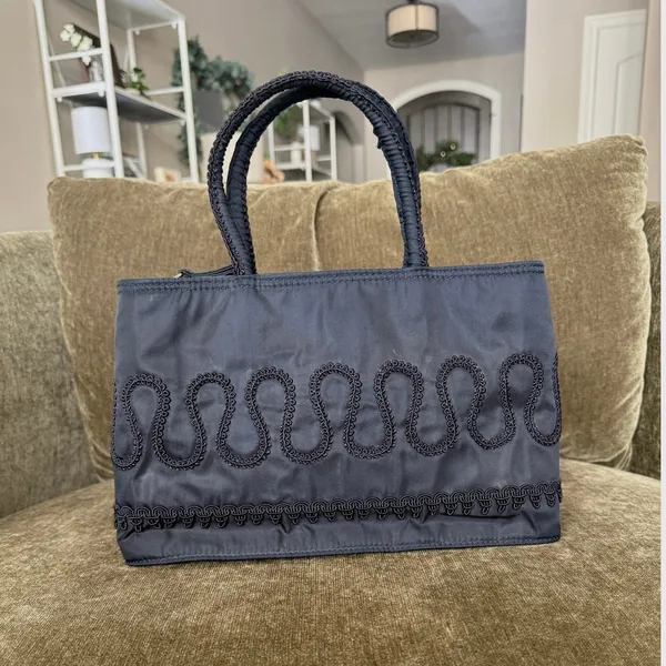 Rare Vintage Prada Nylon Embroidered Tote, Navy - Image 2