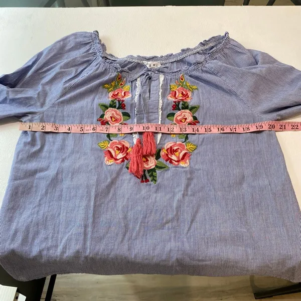 THML Medium Blue Stripe Floral Embroidered Boho Peasant Blouse - Image 5