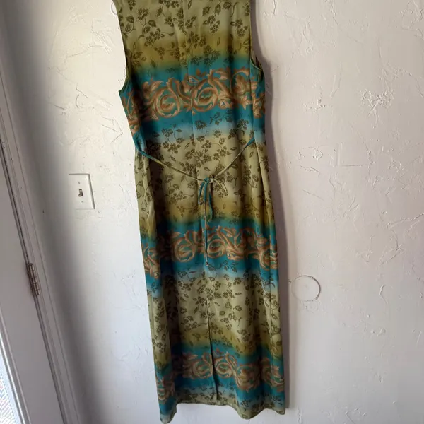 90s Kathie Lee Collection Sleeveless Floral‎ Dress M Green Blue Ombre Vintage - Image 6