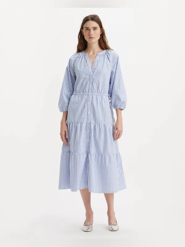 NWT Levi's Cecile Striped Tiered Midi Dress Blue White Button Front Puff Sleeve - Image 2
