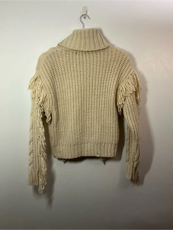 Forever 21 Cream Fringe Cable Turtleneck Sweater Size Small - Image 2