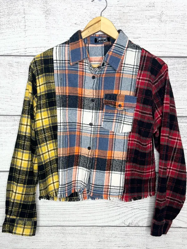 Jolie & Joy Patchwork Plaid Cut Off Button Up Shirt Jacket Shacket Size Large Yellow - Image 11