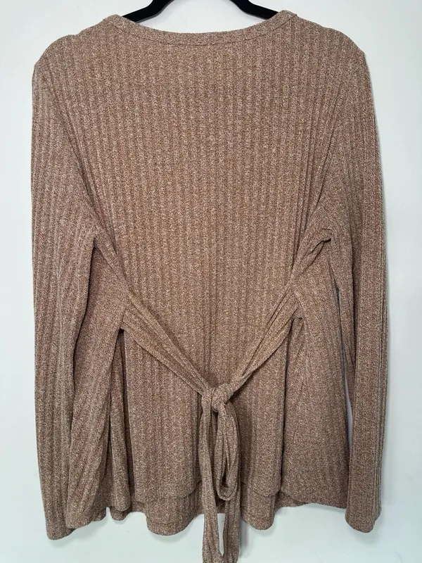 Tie-Back Ribbed Knit Long Sleeve Top Size XL Brown - Image 4