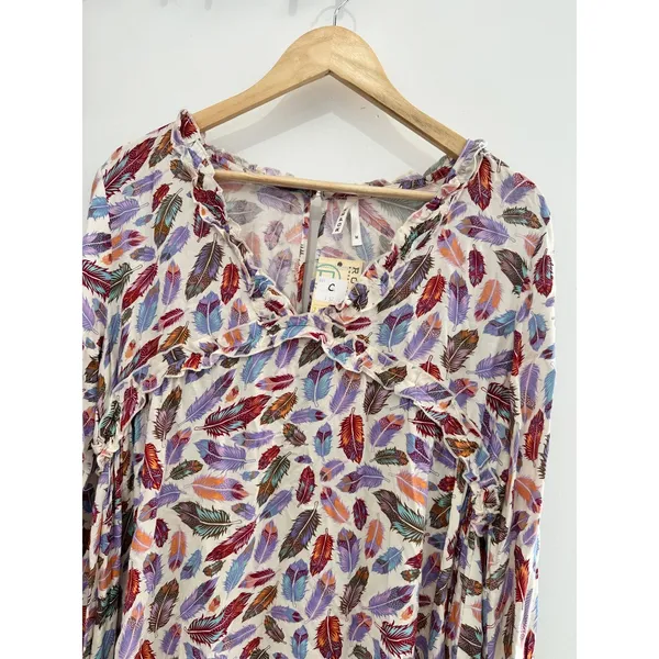 Roper Long Sleeve Multi Color Feather Print Rayon Dress‎ Medium NWT Western Mini - Image 5
