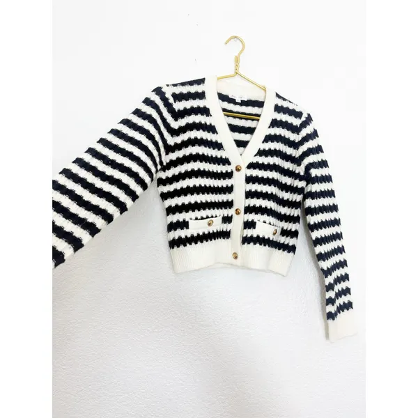 Anthropologie Line + Dot Laurel Cropped Knit Cardigan Size Small Black Striped - Image 12