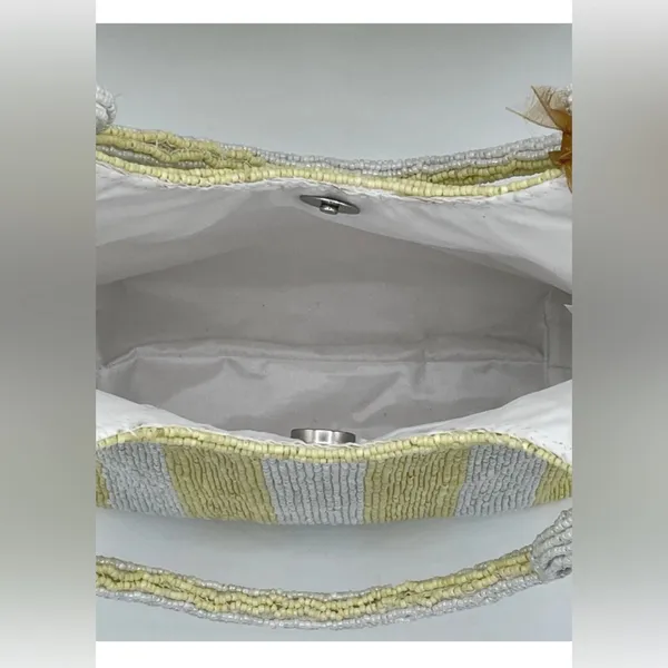 NWT~Striped Beaded Yellow & White Tote Hand Bag - Image 4