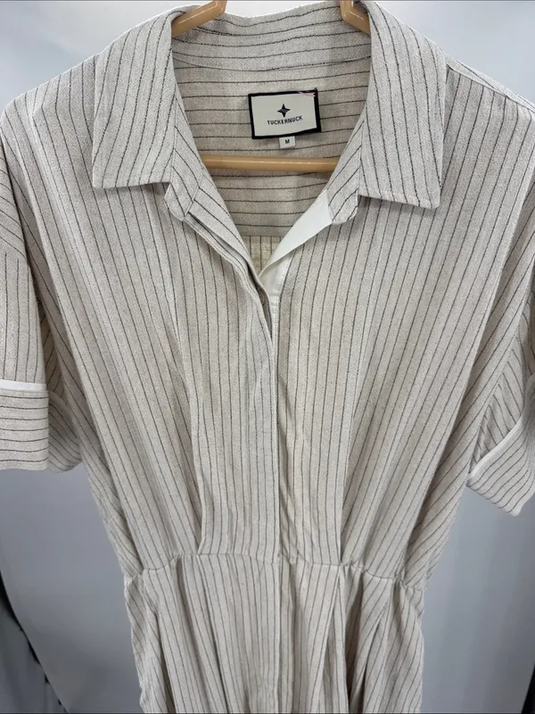 Tuckernuck Cream Black Striped Midi shirt dress linen blend classic neutral M - Image 3