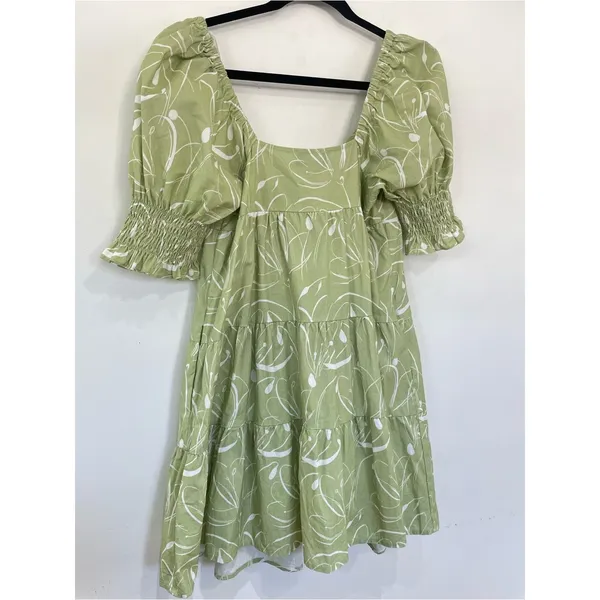 EN SAISON Idrissy Mini Dress Green Floral Puff Sleeve Bow Front Open Back Small - Image 7