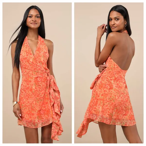 Lulu's Felicita Orange Floral Halter Wrap Mini Dress - Image 2