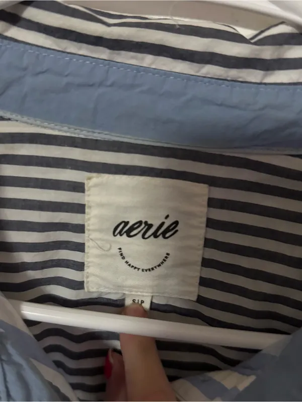 aerie Blue and White Patchwork Stripe Button-Up Shirt - Image 3