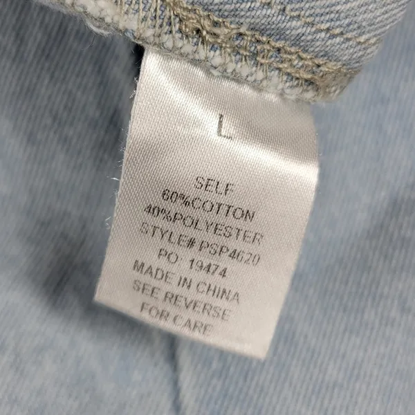 Polagram Overall Button Up Denim Jumpsuit Womens L Blue Light Wash Ruffle Straps - Image 4