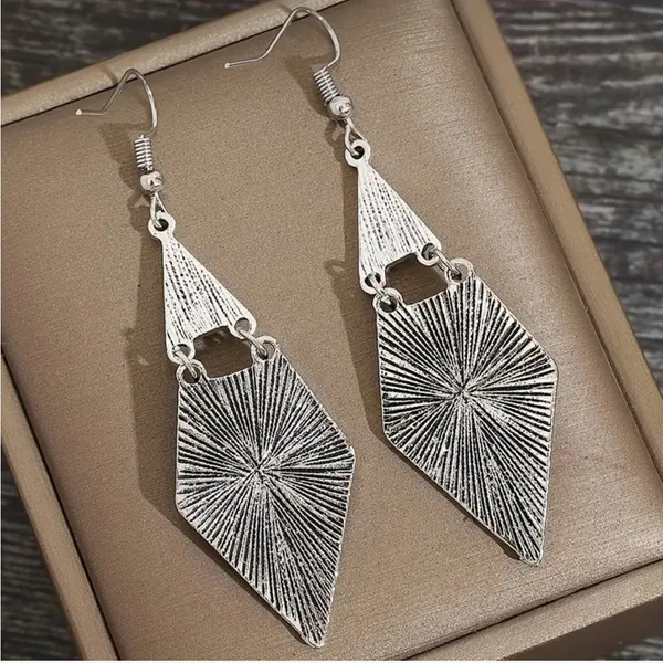 Carved Geometric Shape With Turquoise Decor Dangle Earrings Retro Bohemian Style - Image 12