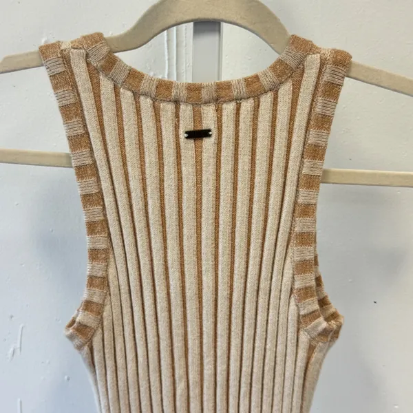 Ghanda Boutique Ribbed Knit Mini Dress Tan Cream Striped Bodycon Sleeveless Sm - Image 5