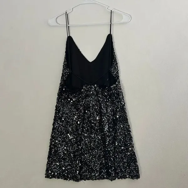 Lulus XS Black Sequin Mini Dress V Neck Sparkle Party Cocktail - Image 3