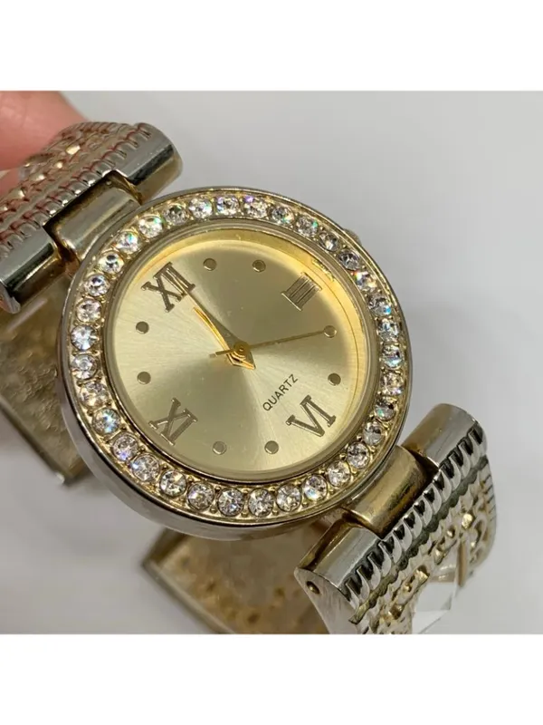 Geneva gold tone women’s cuff bracelet watch 31mm rhinestones quartz running - Image 2