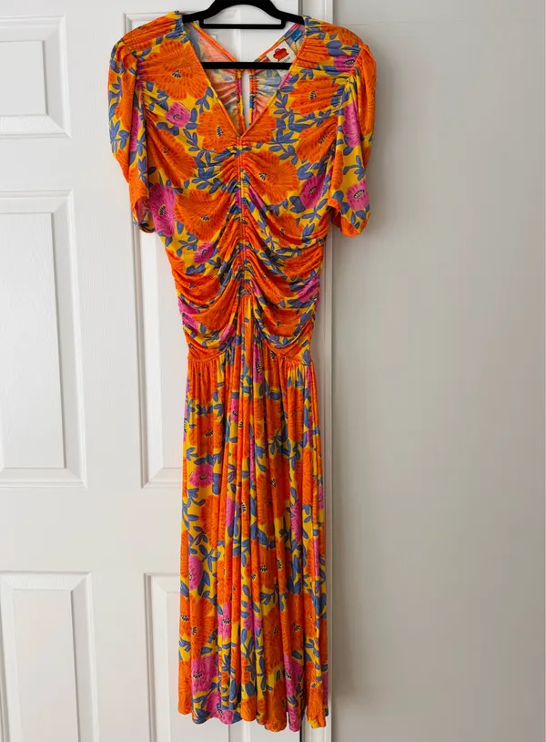 Farm Rio V-Neck Floral Ruched Mesh Midi Dress, Size M - Image 5