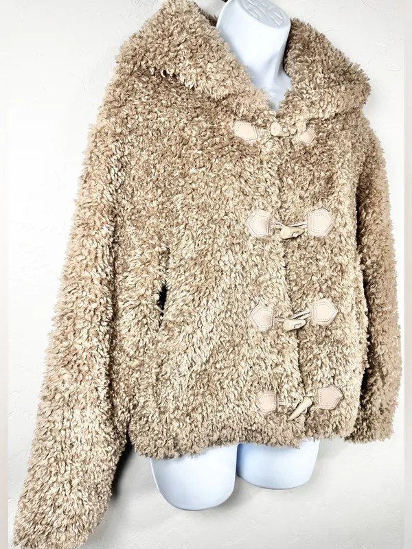 Galita Cozy Khaki Teddy Toggle Jacket with Hood Size Small Tan - Image 6