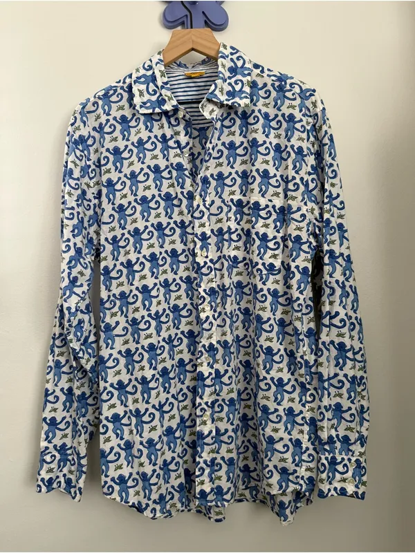 Roller Rabbit XL PJ Monkey Button Up Long Sleeve Shirt Blue Cotton Lounge White - Image 2