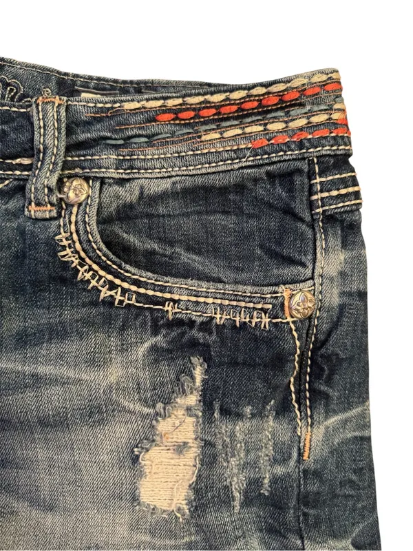 Miss Me Y2K Distressed Denim Shorts Size 30- Embroidered Waistband- EUC Vintage - Image 3