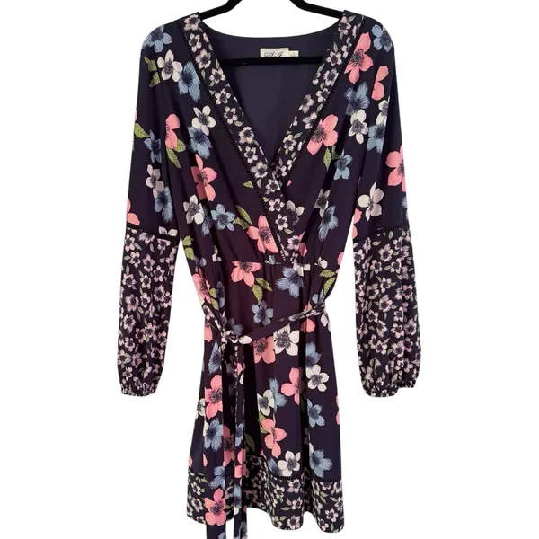 Eliza J Blue Faux Wrap Floral Puff Sleeve Dress Size 12 - Image 2