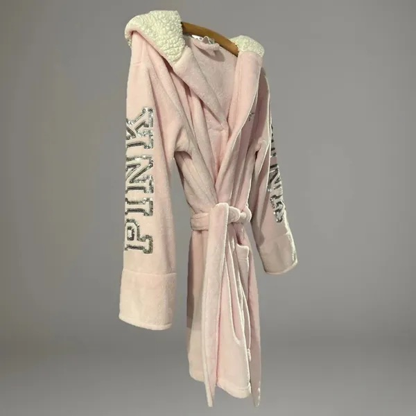Victoria’s Secret PINK Plush Robe Sequin Logo Sherpa Hood XS/S Spa Bathrobe - Image 4
