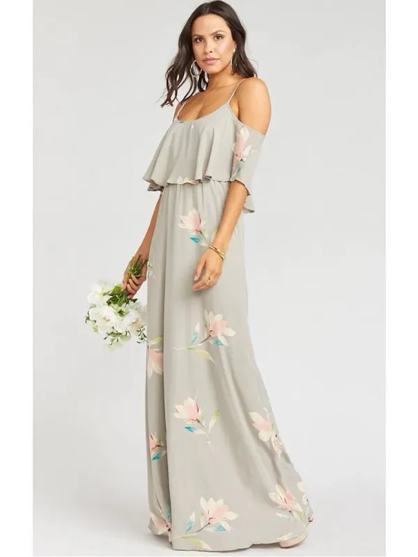 Show Me Your Mumu Caitlin Gray Floral Ruffle Cold Shoulder Maxi Dress S NWT - Image 2