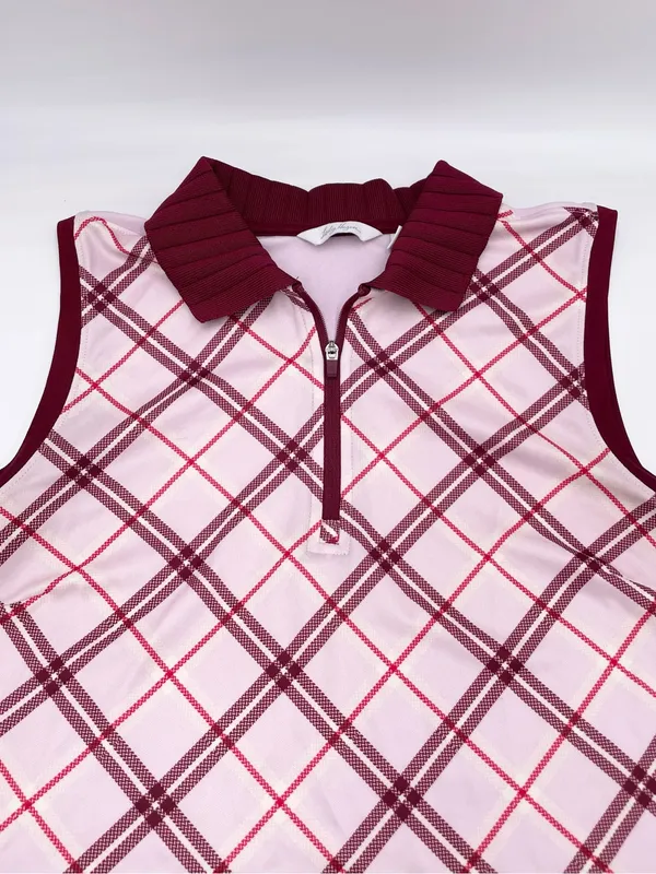 Lady Hagen Women's Sleeveless Golf Polo Top Size XS Red Pink Argyle Plaid Preppy - Image 3