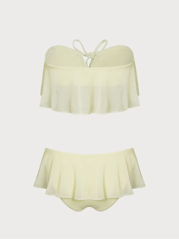 Samiol Light Yellow Bandeau Ruffle Mesh Skirt Bikini Set - Image 7