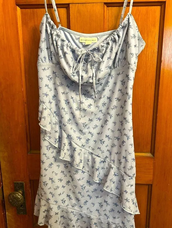 NWT Aeropostale Blue Floral Butterfly Tie Neck Asymmetrical Bodycon Dress - Image 7