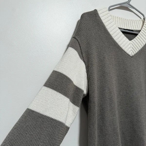 Alp N Rock Otto V-Neck Color Block Taupe Cream Cotton Blend Sweater Size Small‎ - Image 4