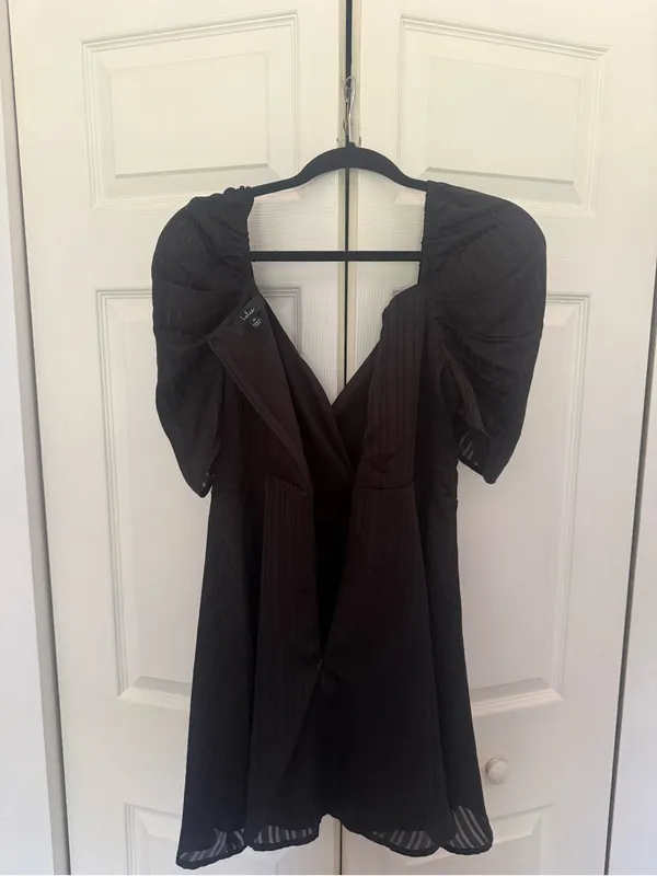 Lulus Dance After Dark Black Satin Striped Skater Dress Sweetheart Size Small - Image 5