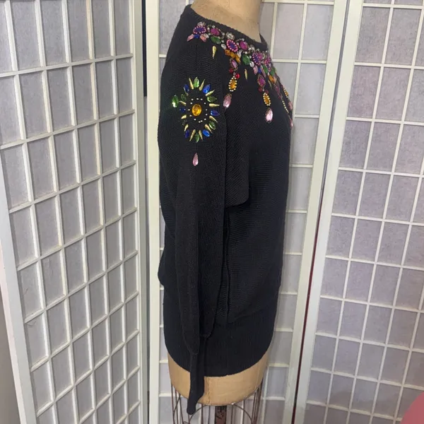 Vintage Beaded Jewel Black Sweater 80s 90s Glam Maximalist Statement Artsy Small - Image 3