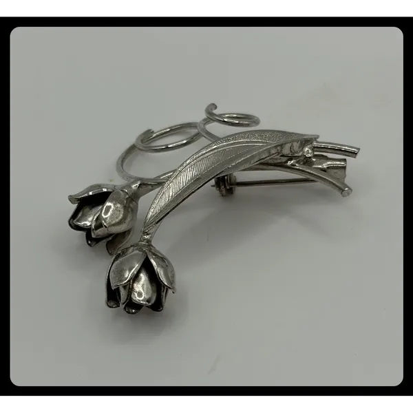 Tulip Flower Brooch Women Silver Tone Textured Leaf Floral Pin‎ - Image 3