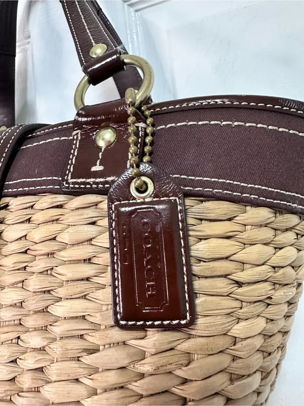 Coach Vintage Natural Straw Tote with Brown Leather Trim - Image 3