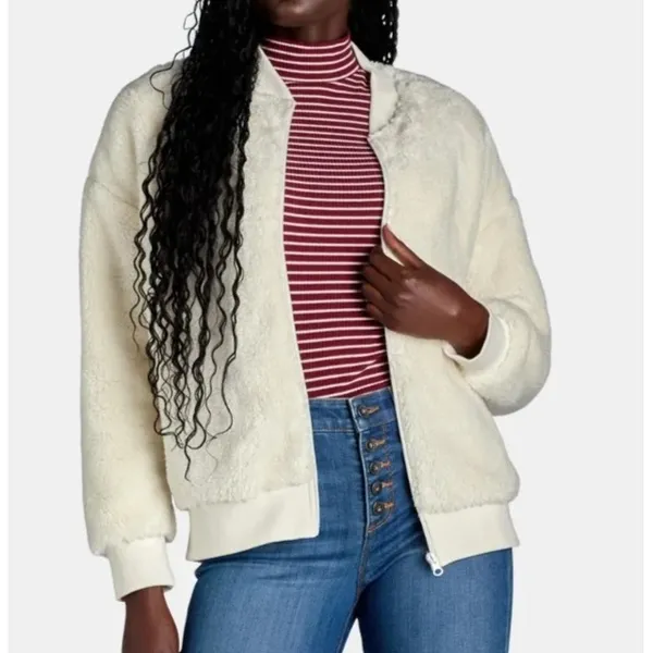 Time and Tru Womens Jacket Size S Winter White Fleece Bomber Midweight Zip Up - Image 3