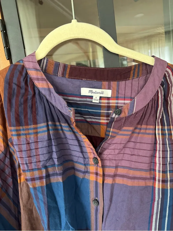 Madewell Plaid Peasant Top long sleeve Button Down Oversized cotton fall - Image 3