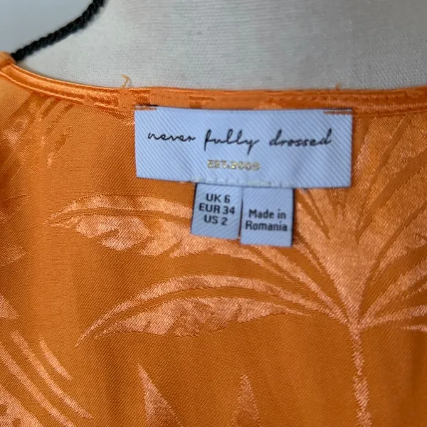 NeverFullyDressed Apricot Orange Palm Vienna Short Sleeve Midi Satin Wrap Dress - Image 6