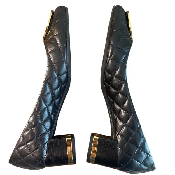 Tory Burch Claire Quilted Block Heel Pumps Black Gold Logo Leather Size 8 - Image 6